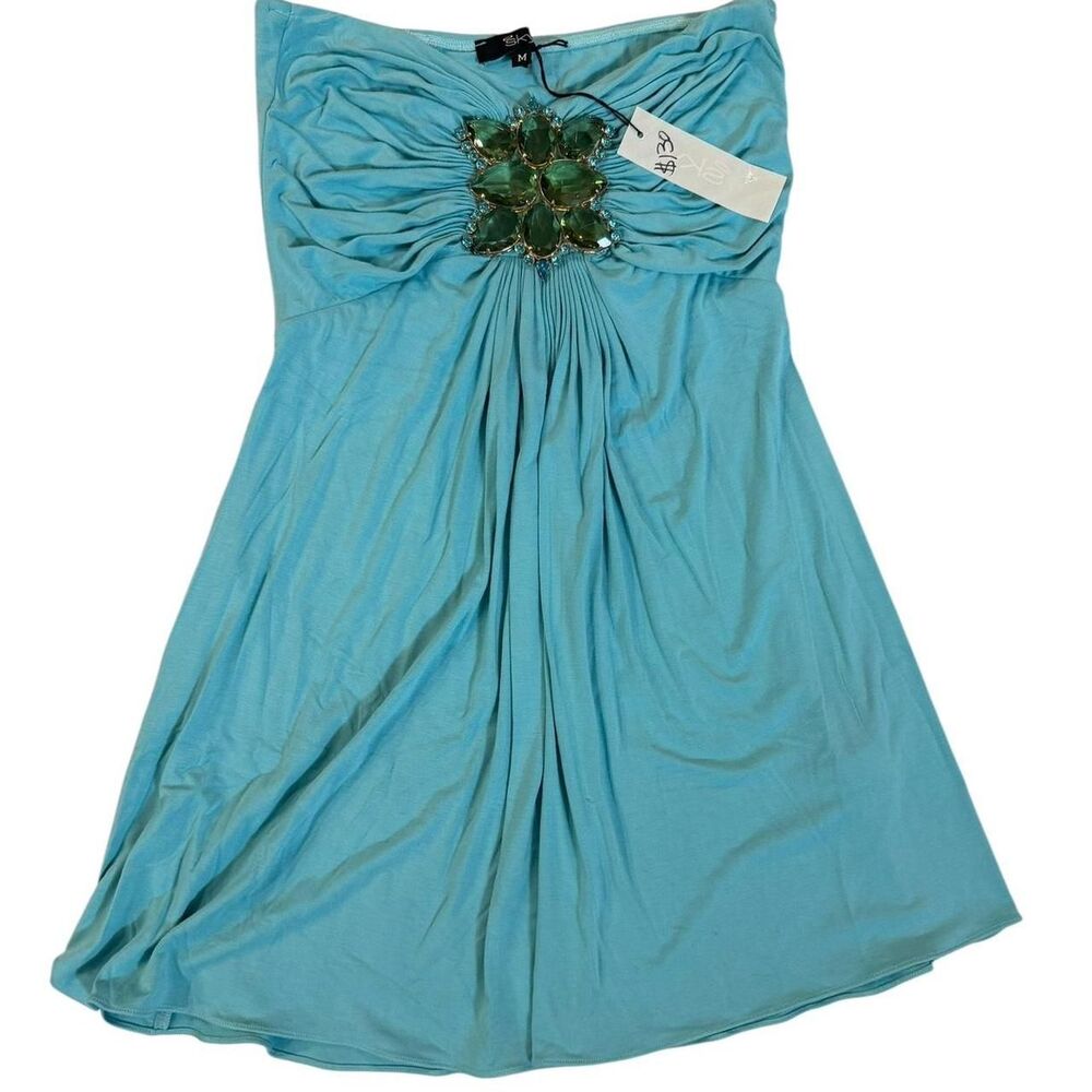 Sky Vintage Blue strapless top with green gem embellishment top